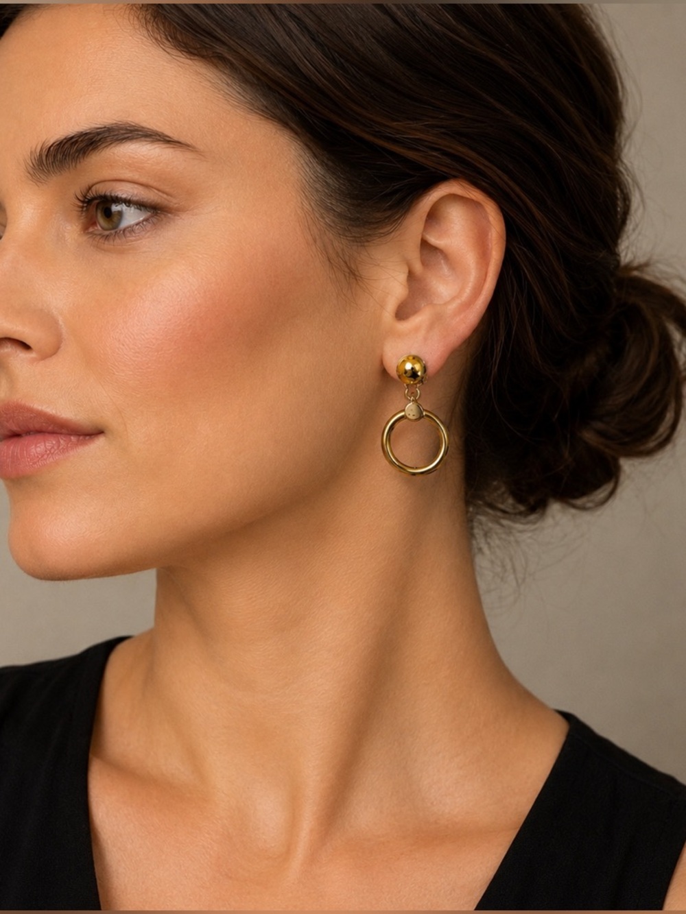 Vintage Gold Tone Circle Hoop Clip-On Earrings Retro Statement Dangle Earrings